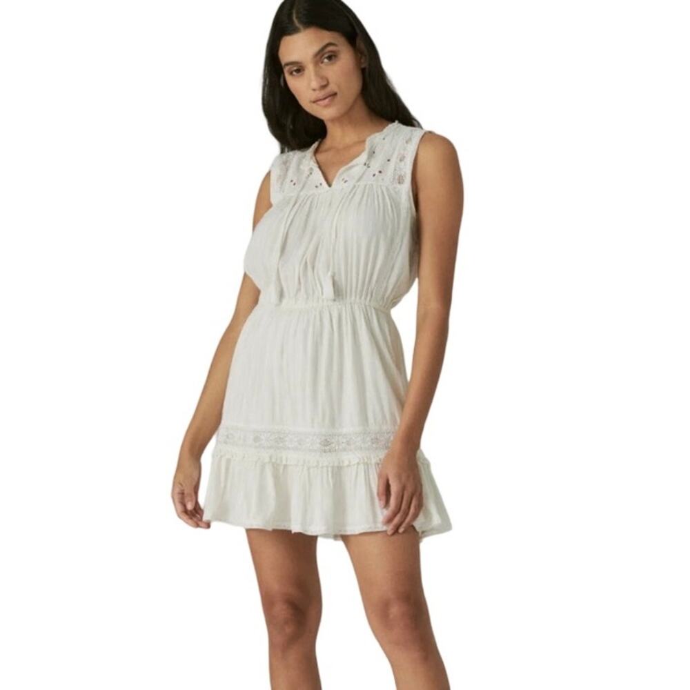 Lucky Brand Cream‎ Lace Trim Tiered Peasant Dress Cottagecore Coquette Boho Sz S